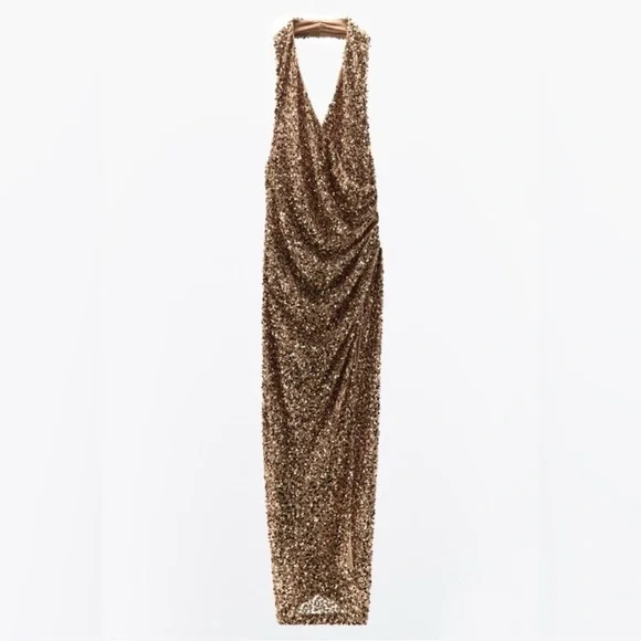 Zara | Dresses | Nwt Zara Bronze Rose Gold Sequin Beaded Halter Midi Dress  Size M | Poshmark
